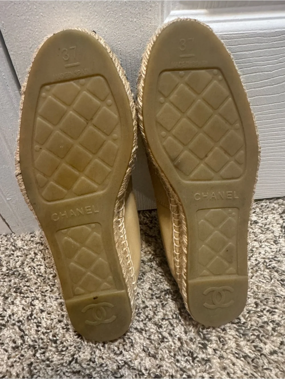CHANEL Beige and Black Leather Espadrille Flats